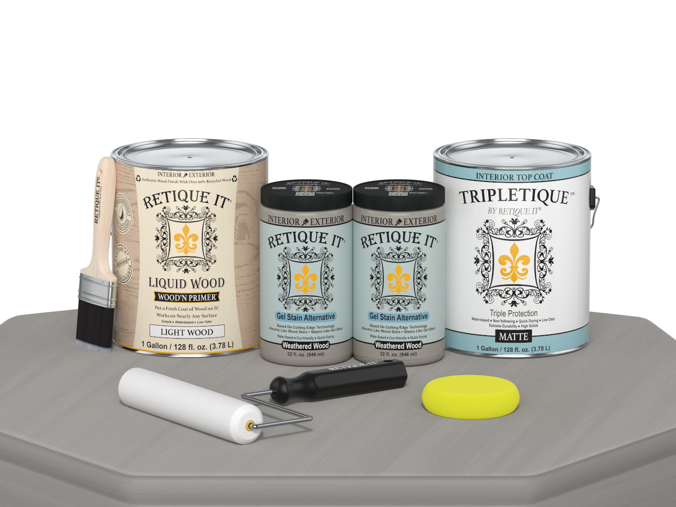 Retique It® Weathered Wood satin finish multi-purpose wood top coat kit with four large containers, shown on a wooden table.