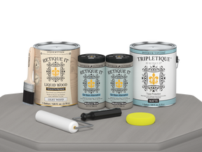 Retique It® Weathered Wood satin finish multi-purpose wood top coat kit with four large containers, shown on a wooden table.