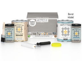 Retique It® Multi-purpose Weathered Wood finish kit with four large containers, interior top coat, matte smooth finish, for wood projects.