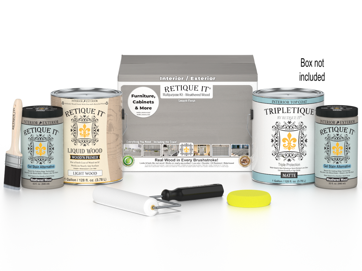 Retique It® Multi-purpose Smooth Finish Kit in Weathered Wood with interior top coat, includes four large wood finish bottles and applicator tools.