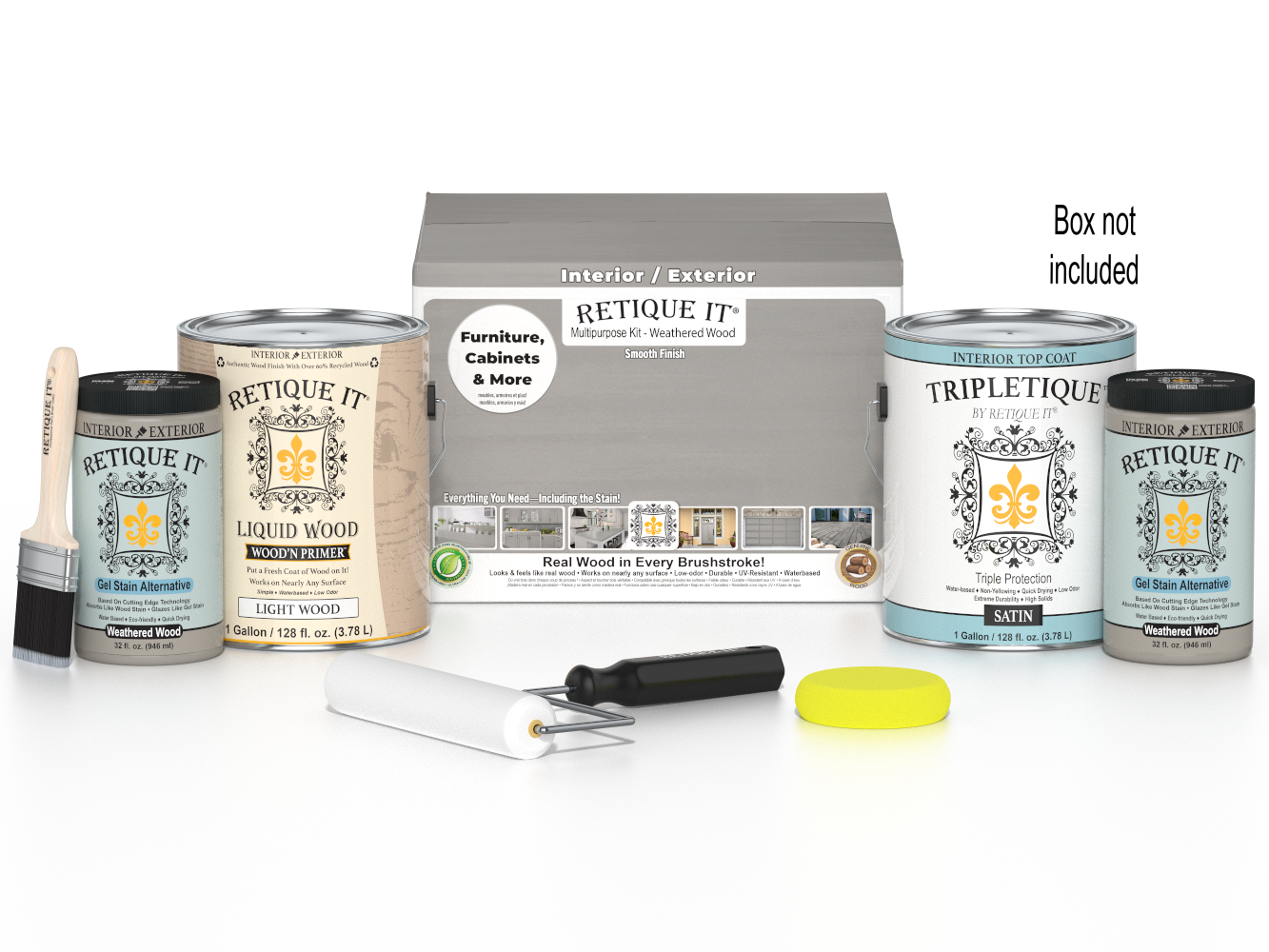 Retique It® wood finish kit with four weathered wood top coats, featuring a smooth, matte, indoor interior finish.