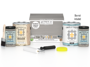Retique It® wood finish kit with four weathered wood top coats, featuring a smooth, matte, indoor interior finish.