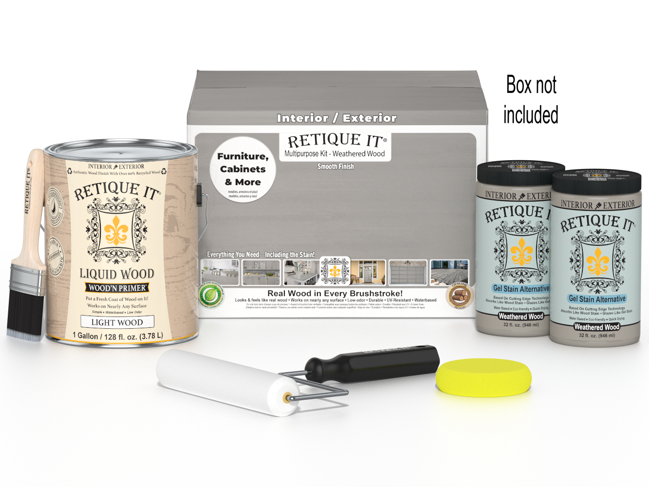 Retique It® Weathered Wood Multi-purpose Smooth Finish Kit with four large containers, designed for wood finishing projects.