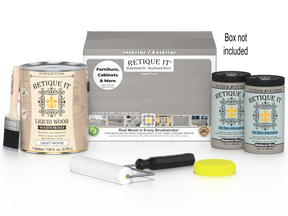 Retique It® Weathered Wood Multi-purpose Smooth Finish Kit with four large containers, designed for wood finishing projects.