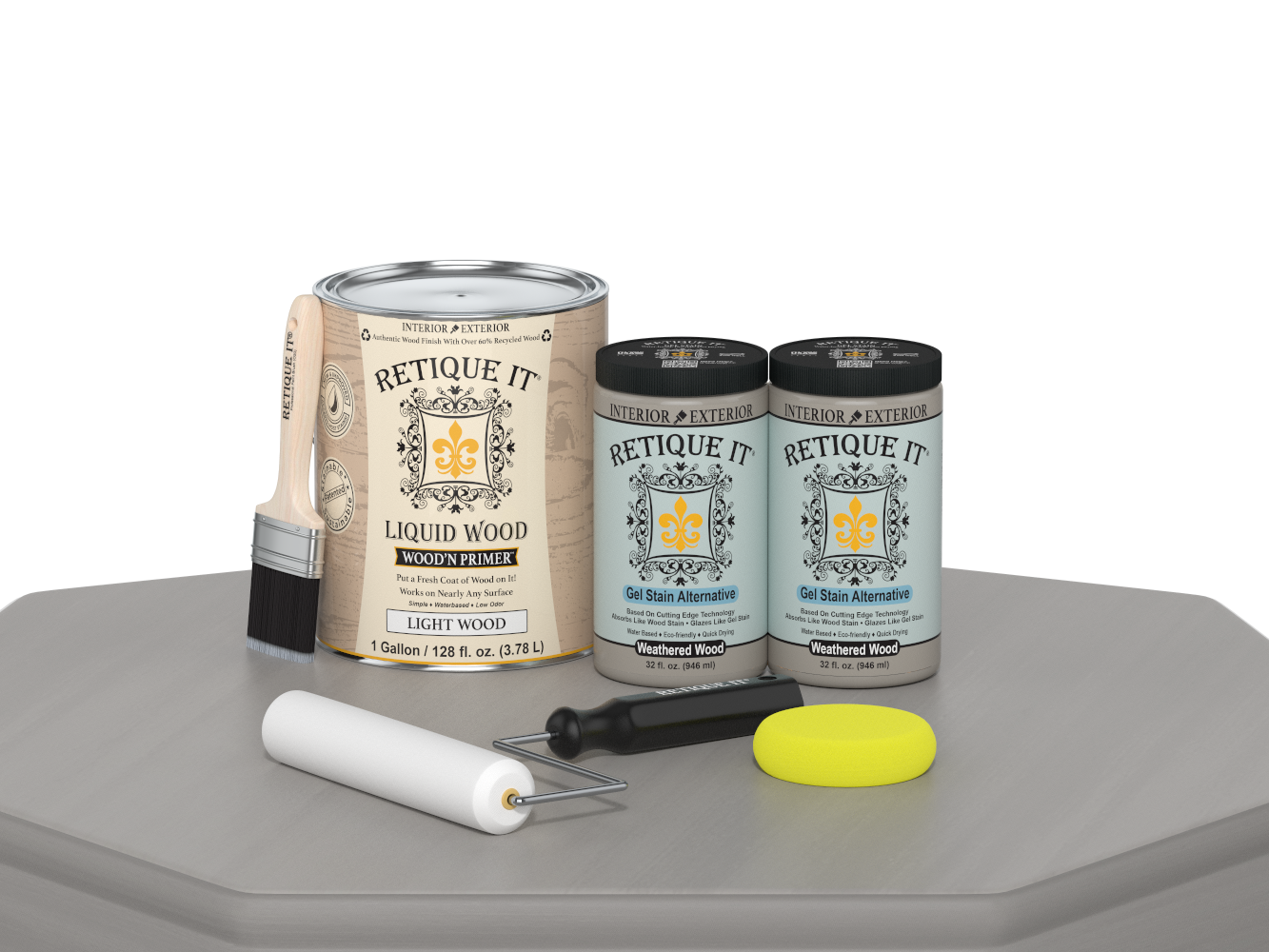 Weathered Wood Multi-purpose Smooth Finish Kit by Retique It® with four large wood finishing tools on a table.