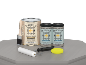 Weathered Wood Multi-purpose Smooth Finish Kit by Retique It® with four large wood finishing tools on a table.