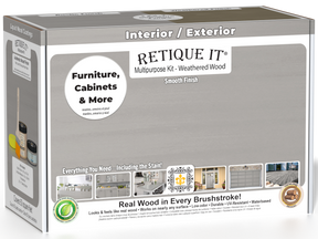 Retique It® Multi-purpose Smooth Finish Kit in Weathered Wood for exterior wood tops, includes tools and materials in box.