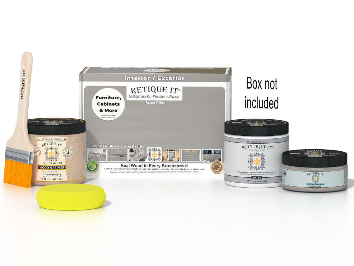 Retique It® Multi-purpose Smooth Finish Kit in Weathered Wood for exterior top coat, includes tools and materials in a box.