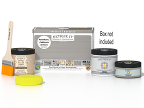 Retique It® Multi-purpose Smooth Finish Kit in Weathered Wood for exterior wood projects, includes top coat and application tools.