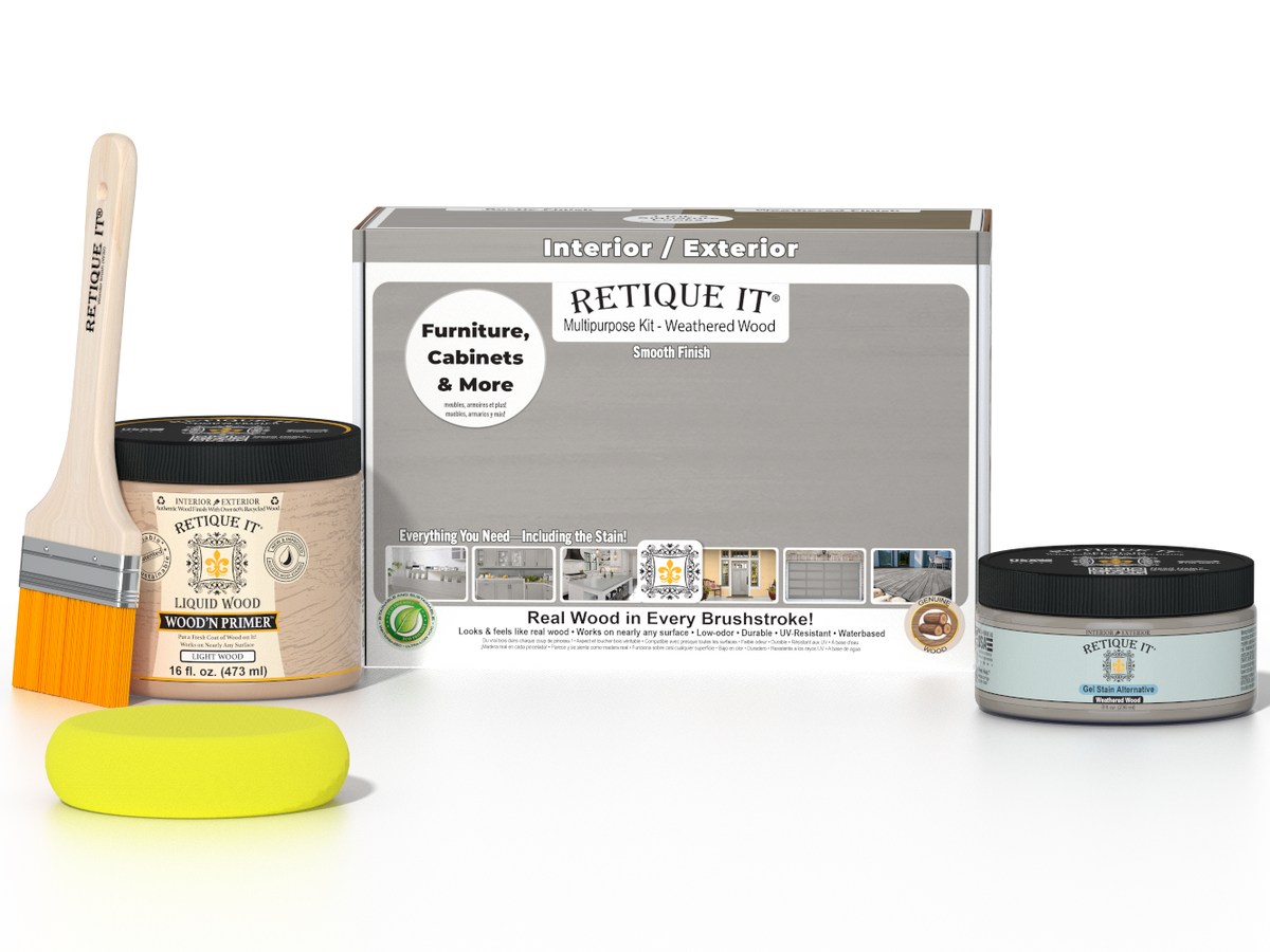 Retique It® Multi-purpose Smooth Finish Kit in Weathered Wood for wood furniture and decor restoration, includes tools and finish products.