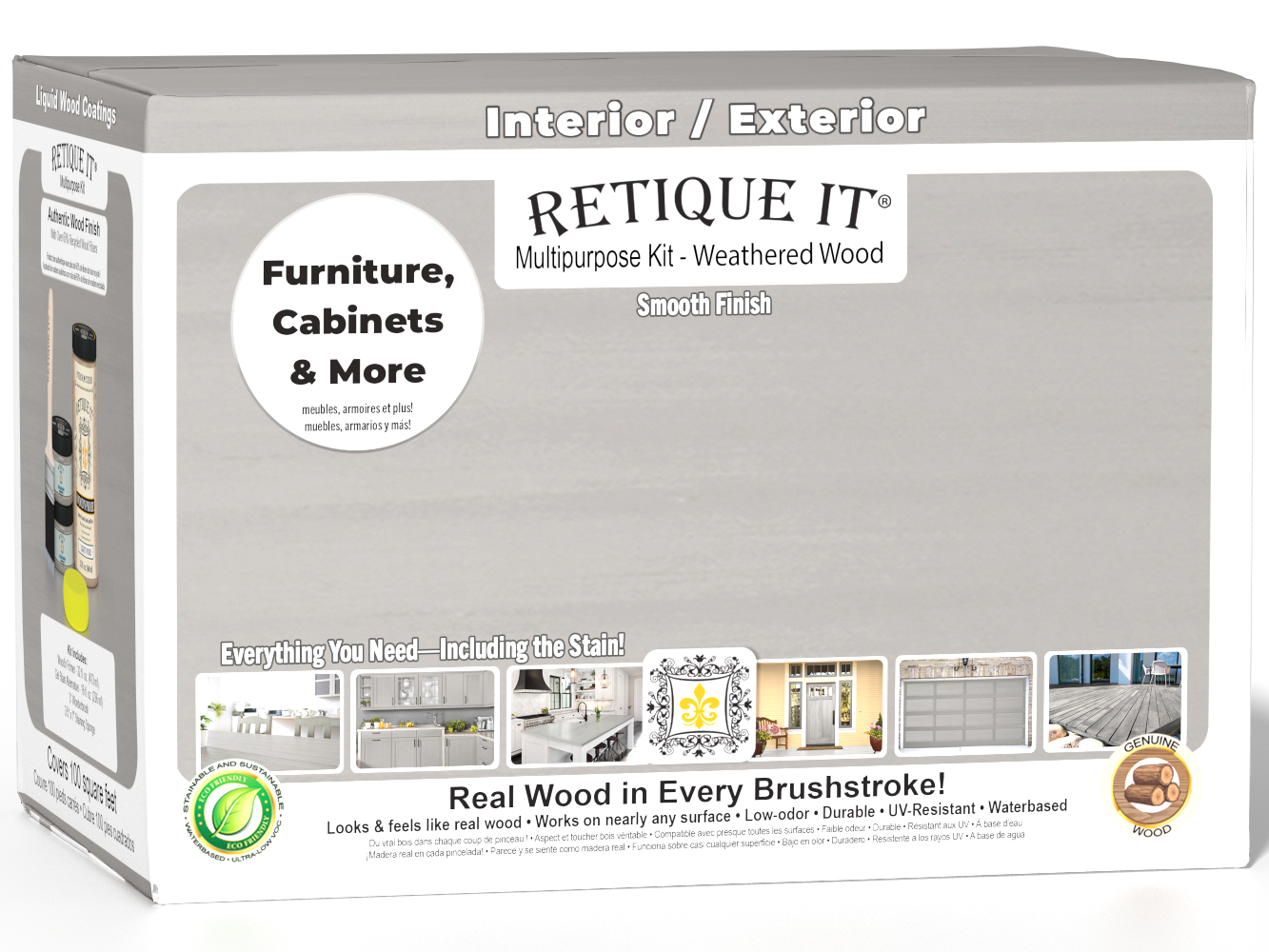 Large Weathered Wood Multi-purpose Smooth Finish Kit by Retique It® with interior top coat and matte finish, shown in open box.