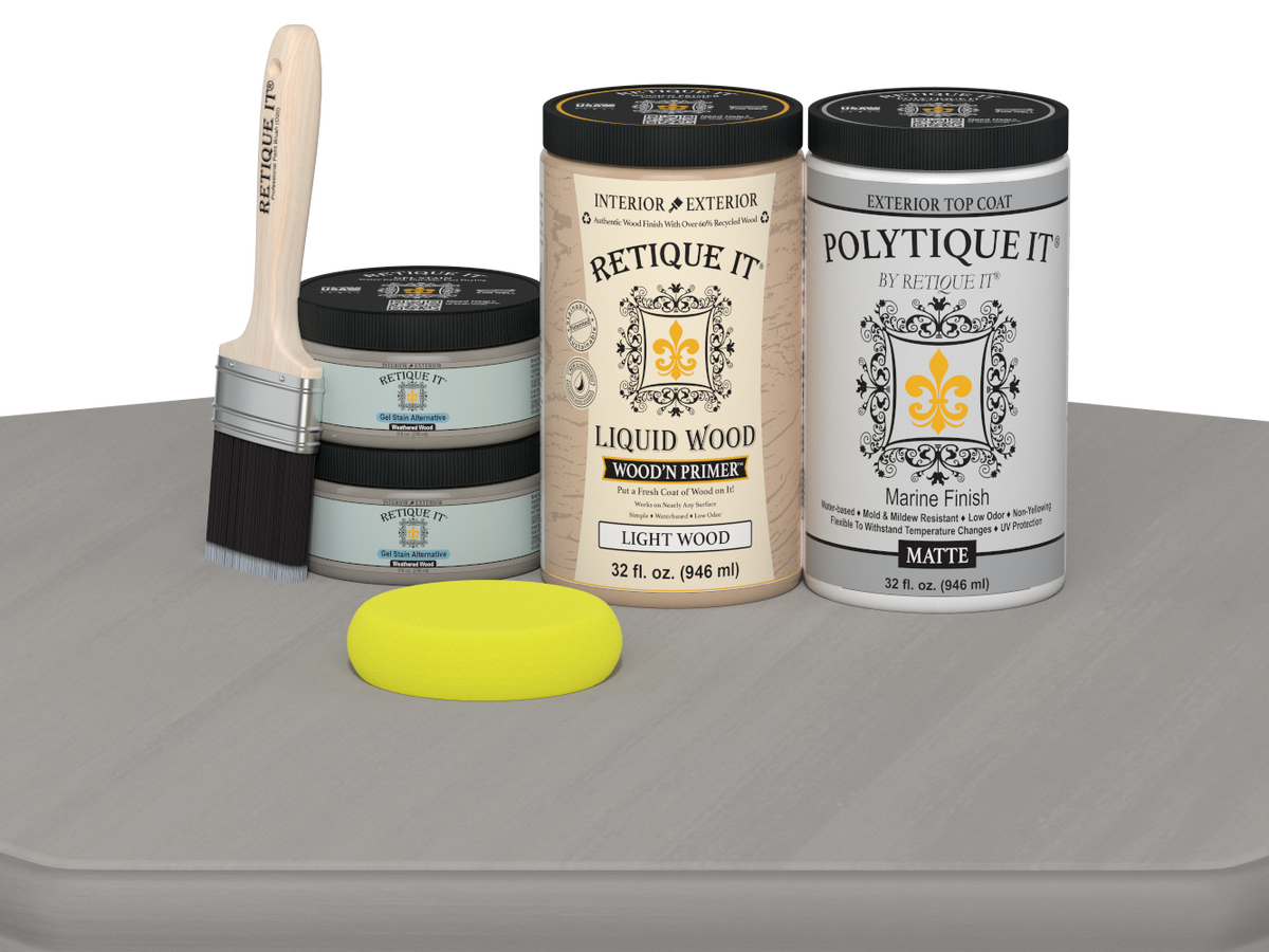 Large Weathered Wood Multi-purpose Smooth Finish Kit by Retique It® with exterior satin top coat for wood furniture and surfaces.