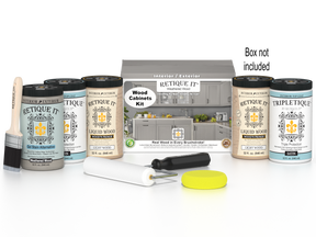 Weathered wood stain kit for cabinets featuring 24 smooth doors, designed for Retique It® Wood'n Cabinet Kit.