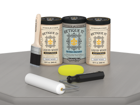 Weathered Wood Wood'n Cabinet Kit with 24 smooth doors by Retique It®, featuring stain application on cabinet surface.
