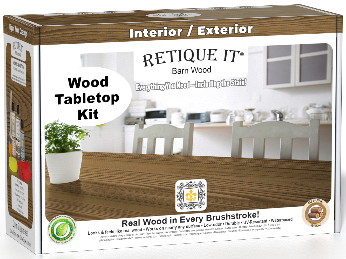 Retique It® Wood'n Finish Kit for tabletops in modern walnut stain, featuring wood stain and finishing supplies.