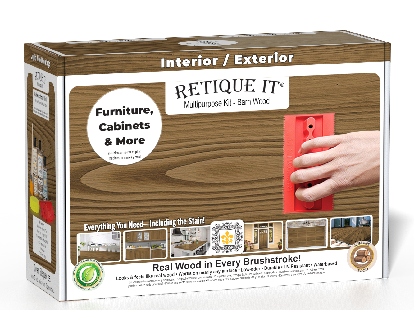 Retique It® Wood'n Finish Kit in barn wood style, featuring a kit box with wood finish supplies for multi-purpose woodworking projects.