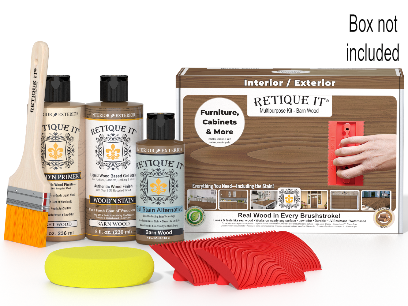 Retique It wood staining kit with bottles, brush, and packaging on a white background