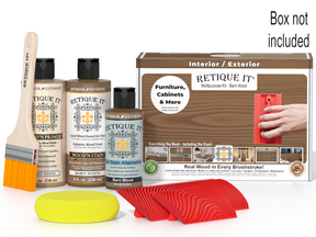 Retique It wood staining kit with bottles, brush, and packaging on a white background