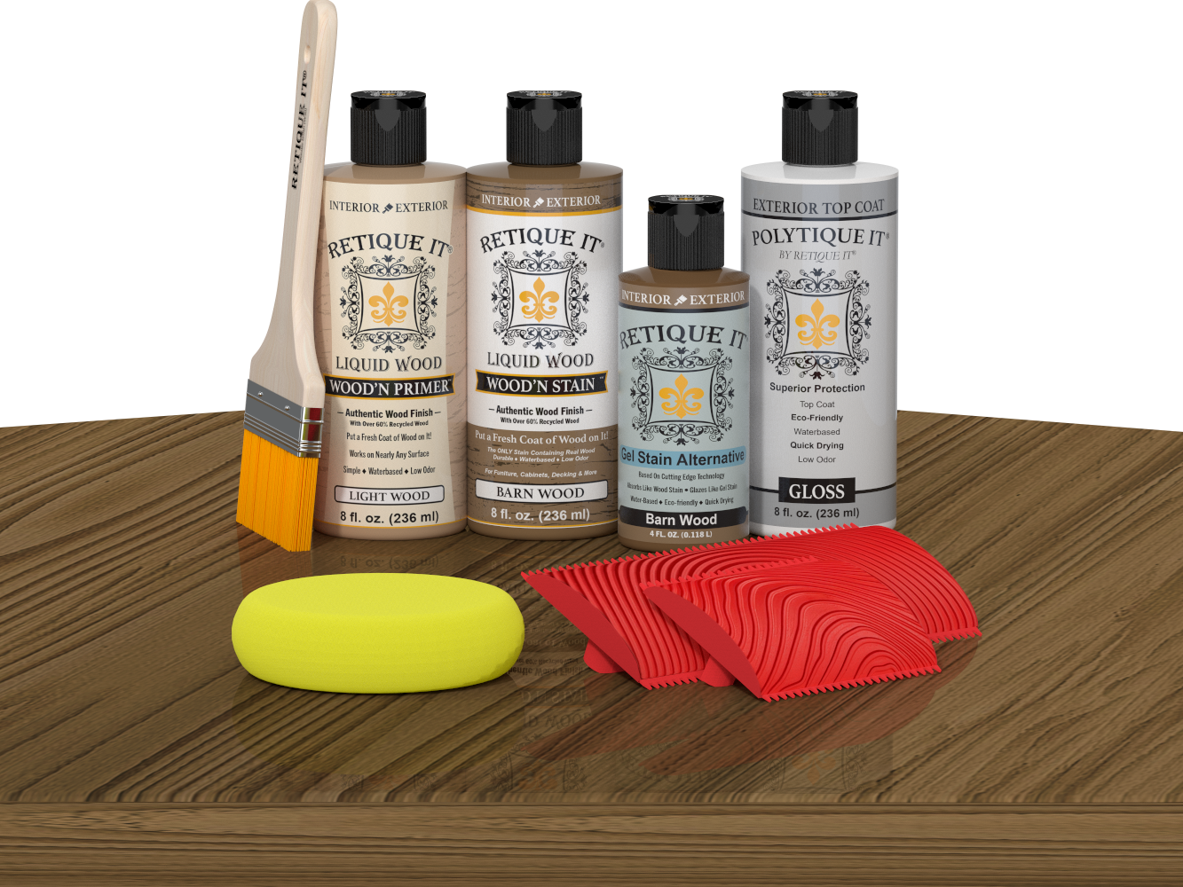 Retique It Wood'n Finish Kit for Barn Wood exterior topcoat, showing a kit with wood finish products on a table.
