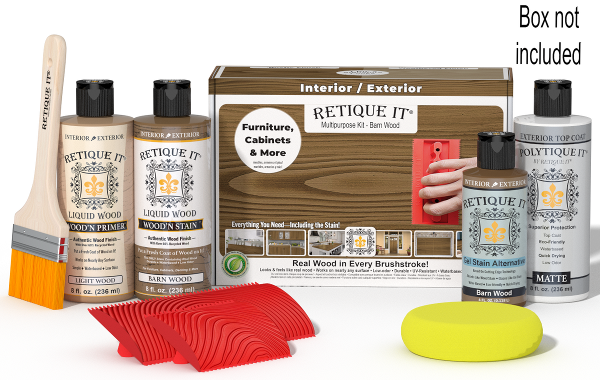 Retique It Wood'n Finish Kit in Barn Wood exterior topcoat with brushes and applicator tools on a box display.