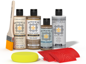 Retique It Wood'n Finish Kit in Barn Wood for exterior topcoat, featuring a multi-purpose wood finish application.