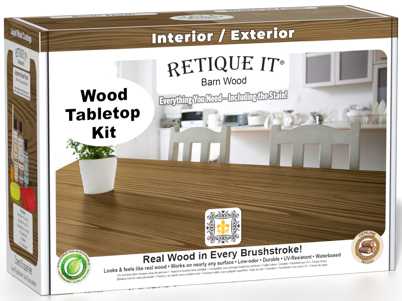 Retique It® Barn Wood Wood Tabletop Kit retail box featuring a Barn Wood tabletop finish and kitchen scene.