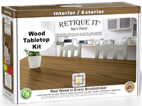 Retique It® Barn Wood Wood Tabletop Kit retail box featuring a Barn Wood tabletop finish and kitchen scene.