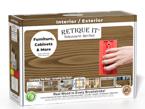 Retique It® Barn Wood Multipurpose Kit retail box featuring a Barn Wood wood finish, red graining tool demonstration, and furniture, cabinets & more project imagery.