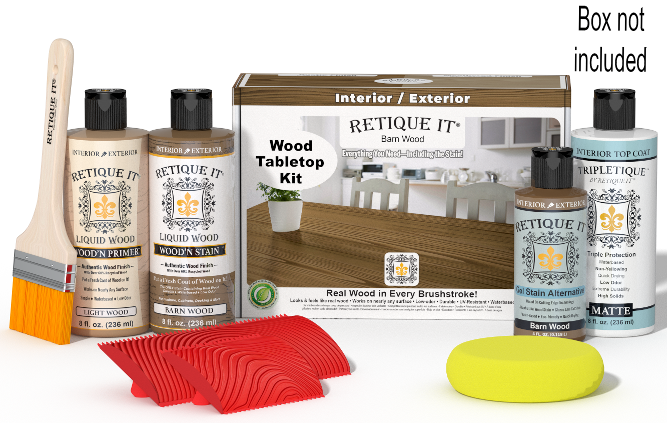 Retique It® Barn Wood Wood Tabletop Kit with Light Wood primer, Barn Wood stain, Barn Wood gel stain alternative, Matte Tripletique® Top Coat, brush, red graining tool, yellow sponge, and product box.