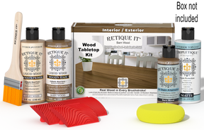 Retique It® Barn Wood Wood Tabletop Kit with Light Wood primer, Barn Wood stain, Barn Wood gel stain alternative, Matte Tripletique® Top Coat, brush, red graining tool, yellow sponge, and product box.
