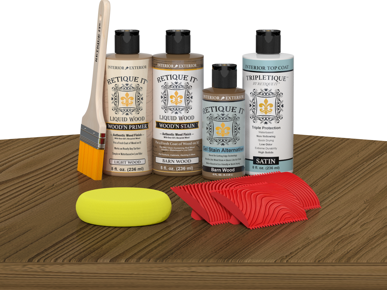 Retique It® Barn Wood Wood'n Kit with Light Wood primer, Barn Wood stain, Barn Wood gel stain alternative, Satin Tripletique® Top Coat, brush, red graining tool, and yellow sponge.