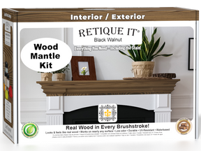 Retique It® Black Walnut wood finish kit for fireplace mantels, includes stain bottles and application tools in a box.