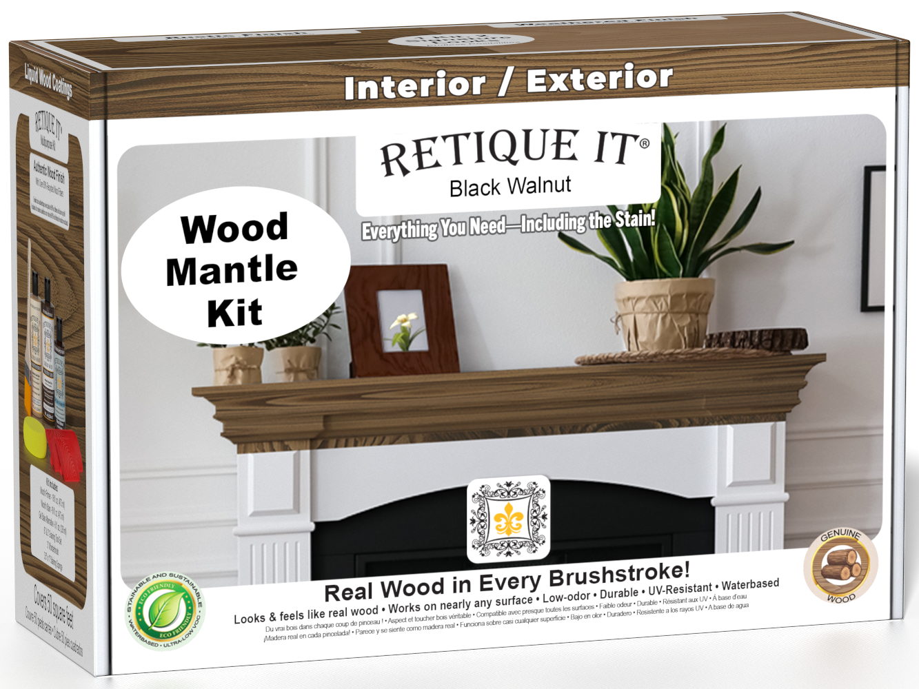 Retique It® Black Walnut wood finish kit for fireplace mantels, featuring stain application tools and sample swatch in a box.