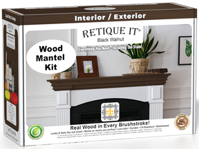 Retique It® Wood'n Finish Kit in Black Walnut stain, featuring wood stain bottles and application tools for tabletop finishing.