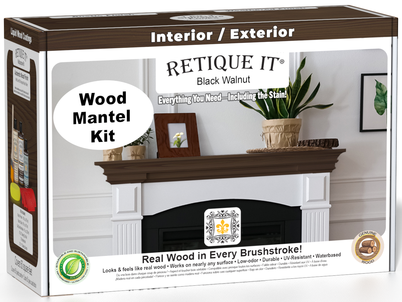 Retique It® Wood'n Finish Kit in Black Walnut stain for fireplace mantels, showing the box and stain application.