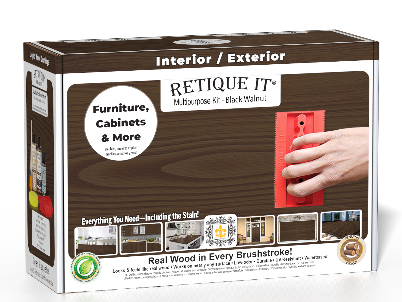 Retique It® Multi-purpose Wood'n Kit in Black Walnut, exterior top coat for wood finishing, with brushes and applicator tools included.