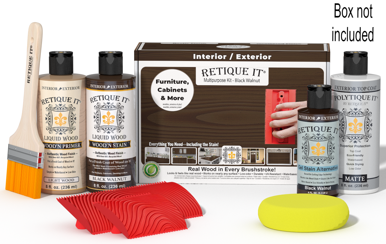 Retique It® Wood'n Kit in Black Walnut for exterior wood finishing, including top coat and application tools, displayed in box.