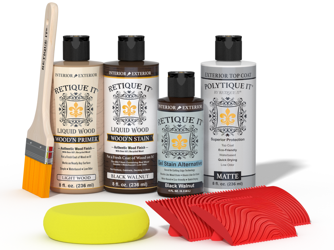 Retique It® Wood'n Finish Kit in Black Walnut with exterior top coat, includes brushes and finishing tools for wood projects