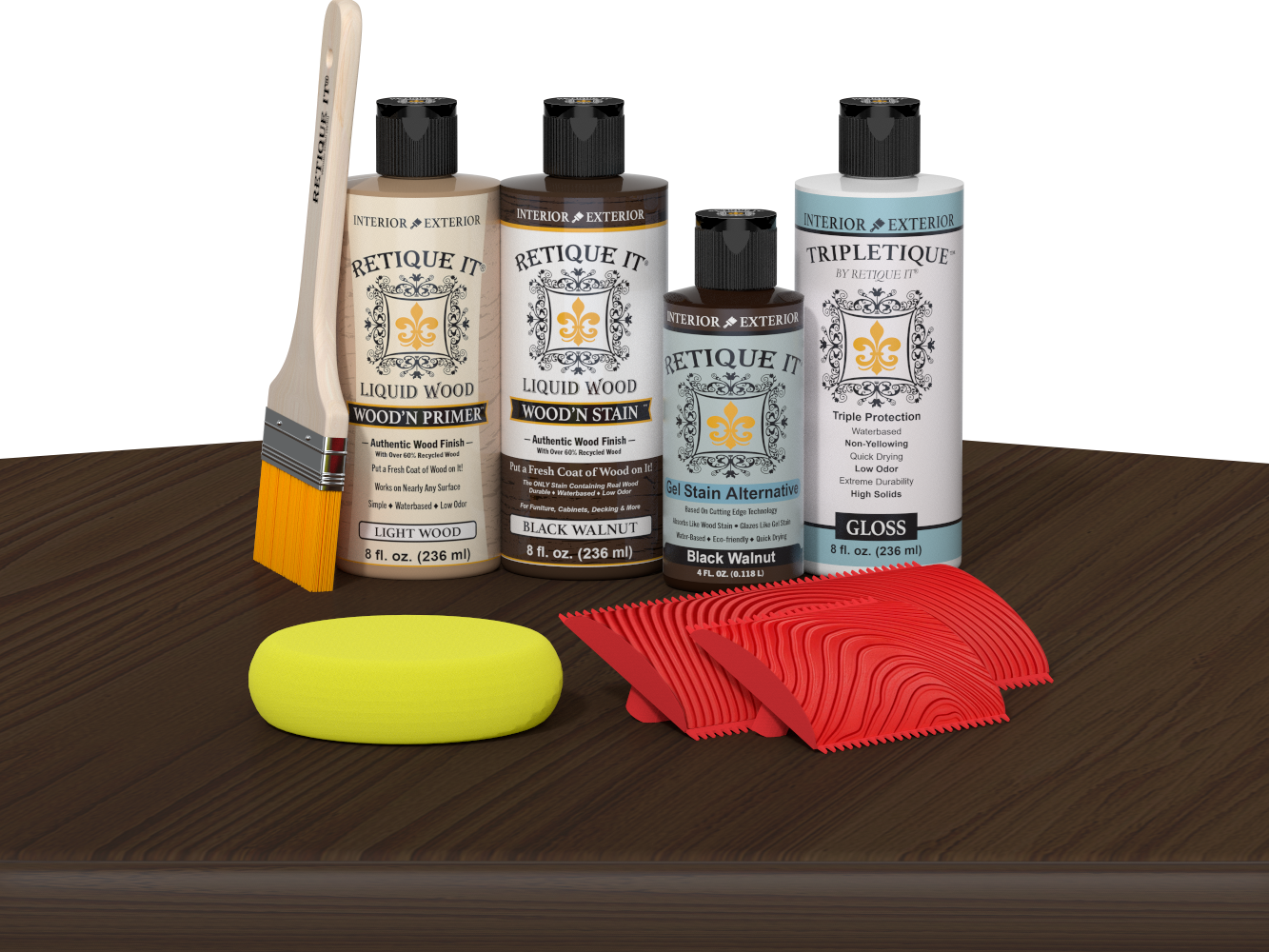 Retique It® Wood'n Finish Kit in Black Walnut stain on a tabletop, showcasing natural wood grain and rich dark color.