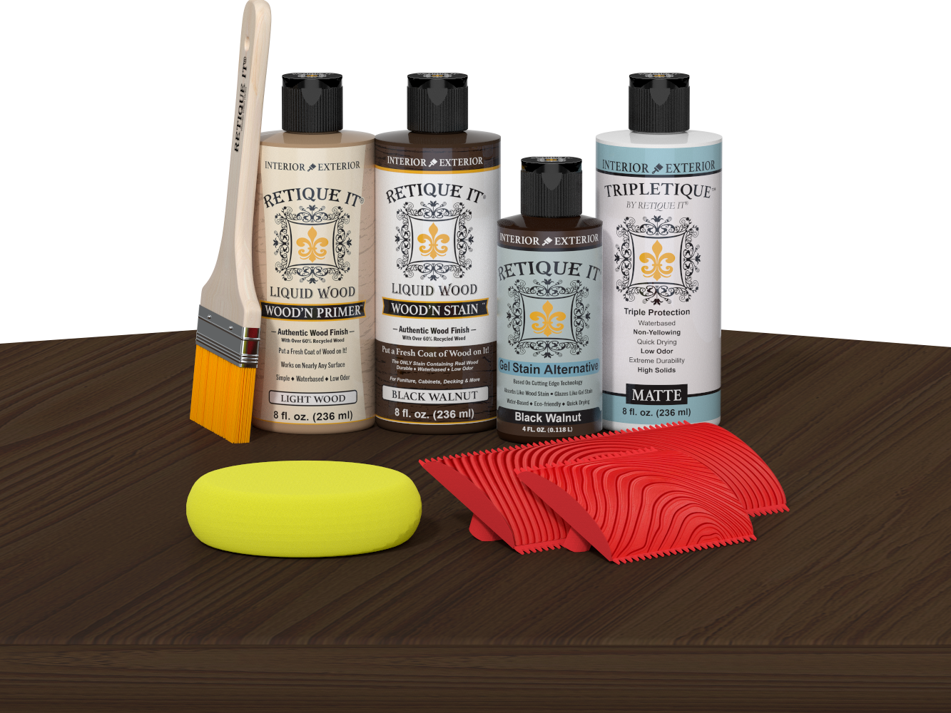 Retique It® Wood'n Finish Kit in Black Walnut stain, featuring stain bottles and application tools on a tabletop.
