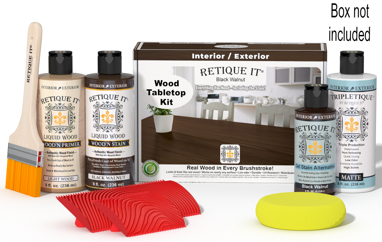 Retique It® Wood'n Finish Kit in Black Walnut stain for tabletops, showing the stain bottles and finishing materials.