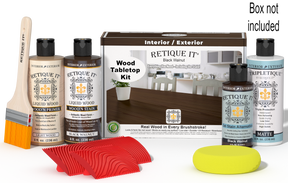 Retique It® Wood'n Finish Kit in Black Walnut stain for tabletops, showing the stain bottles and finishing materials.