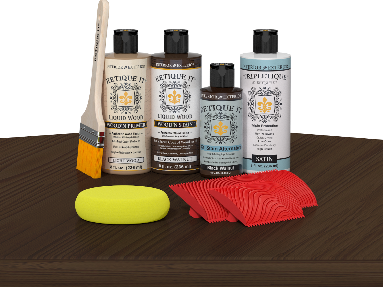 Retique It® Wood'n Finish Kit in Black Walnut stain applied on a wooden tabletop for a rich, natural finish.