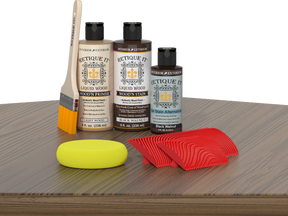 Retique It® Fireplace Mantel Wood'n Finish Kit in Black Walnut stain, showing wood grain and stain application on a mantel surface.