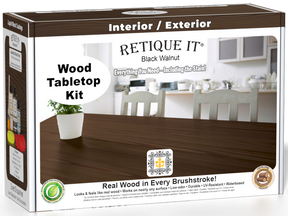Retique It® Black Walnut Wood Tabletop Kit retail box featuring a Black Walnut tabletop finish and kitchen scene.