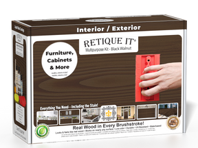 Retique It® Black Walnut Multipurpose Kit box featuring a black walnut finish, application tool, and project examples for furniture, cabinets, doors, decks, and more.