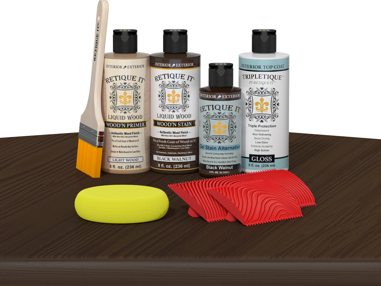 Retique It® Black Walnut Wood'n Kit with Gloss TripleTique® includes a brush, Light Wood primer, Black Walnut stain, Black Walnut Gel Stain Alternative, Gloss TripleTique® top coat, a yellow sponge, and a red graining tool.