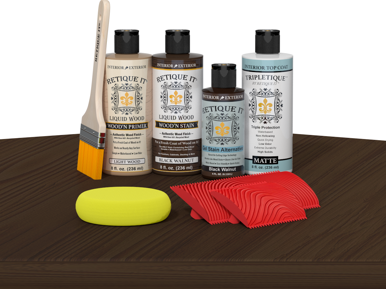 Retique It® Black Walnut Wood'n Kit with Matte TripleTique® includes a brush, Light Wood primer, Black Walnut stain, Black Walnut Gel Stain Alternative, Matte TripleTique® top coat, a yellow sponge, and a red graining tool.