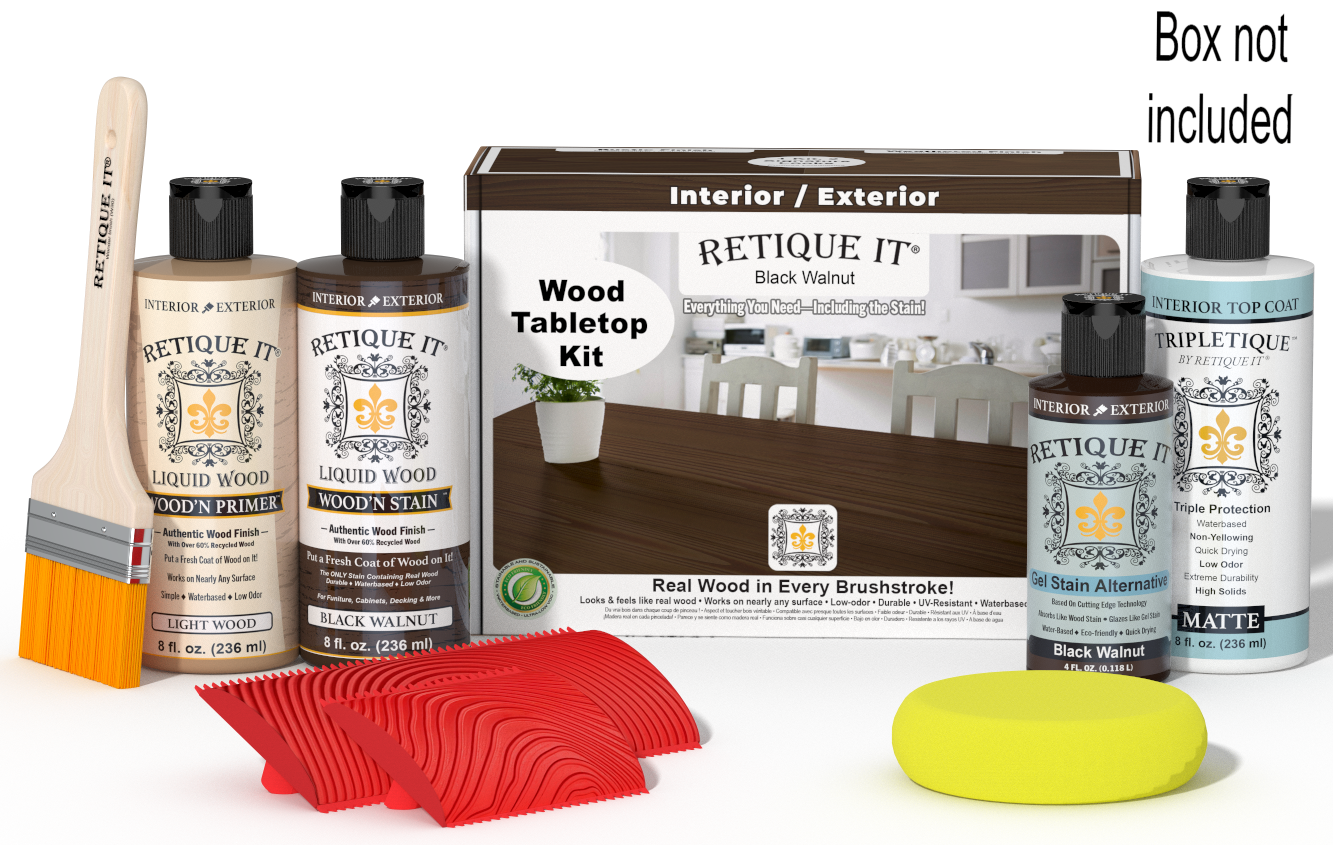 Retique It® Black Walnut Wood Tabletop Kit with Light Wood primer, Black Walnut stain, Black Walnut gel stain alternative, Matte Tripletique® Top Coat, brush, red graining tool, yellow sponge, and product box.