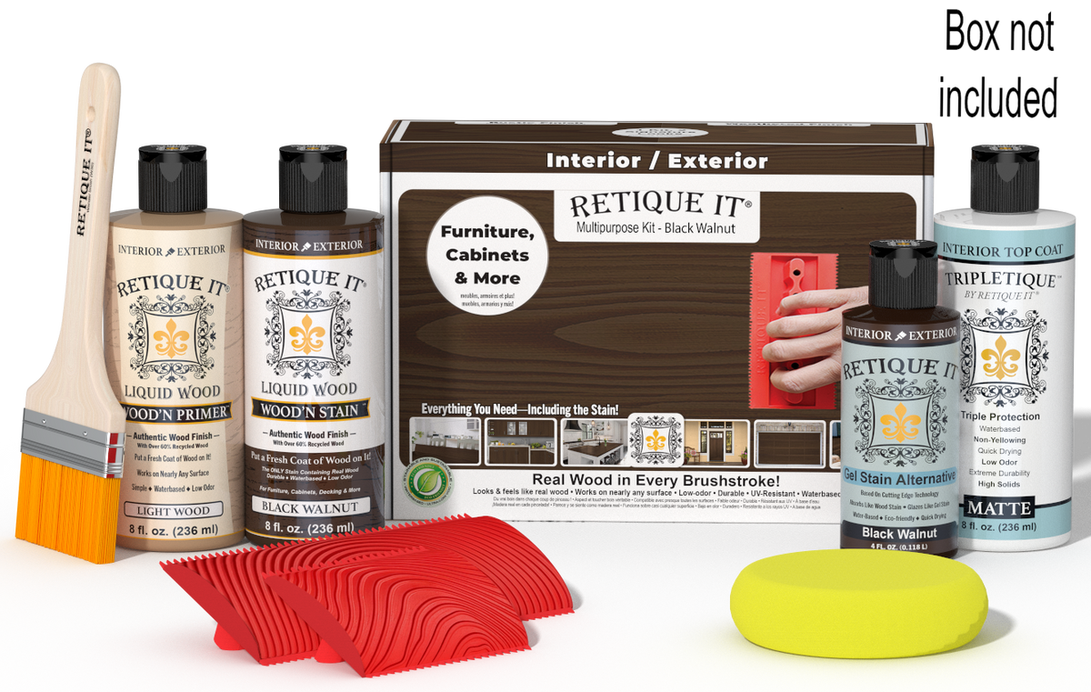 Retique It® Black Walnut Wood'n Kit with Matte TripleTique® shown with the Black Walnut Multipurpose Kit box, brush, Light Wood primer, Black Walnut stain, Black Walnut Gel Stain Alternative, Matte TripleTique® top coat, a yellow sponge, and a red graining tool.